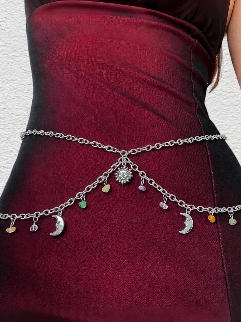 Sun Moon Stars stone crystal layered Bohemian Celestial Body Chain Silver